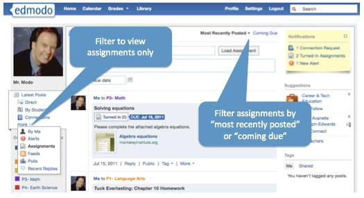 To help stay organized, you can filter your Edmodo stream by assignments. To do this, select the more drop down from the right hand panel (see below) and select assignments.