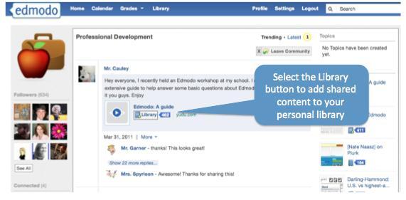 Library Leveraging the power of the Web, the Edmodo Library allows teachers to store and manage uploaded documents in a wide range of file formats, with the ability to access and edit them anywhere,