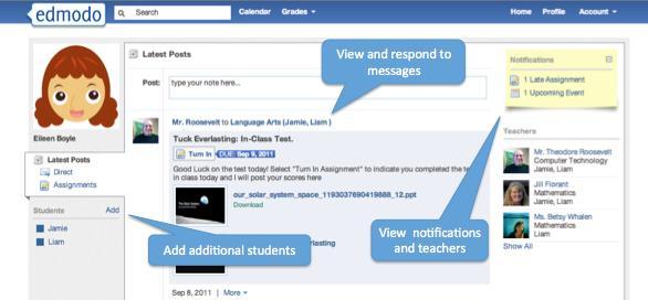From the right panel a parent can view their student s notifications and a list of their teachers.