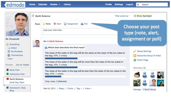 For teachers: Choose note, alert, assignment, or poll by clicking on the corresponding link. For notes and assignments, you can attach files and links from your computer or Edmodo library.
