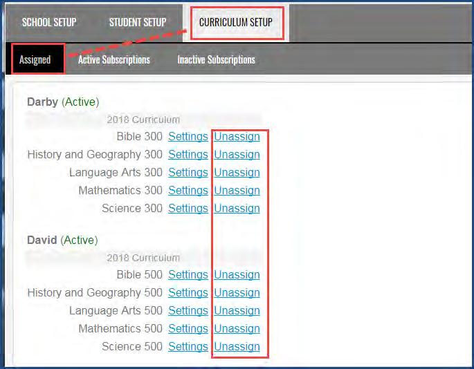 Unassign courses from students On the main nav bar, click Setup, on the toolbar, click Curriculum Setup, and then on the functional