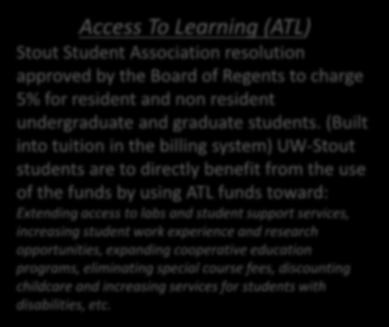 (Built into tuition in the billing system) students are to directly benefit from the use of the funds by using ATL funds toward: Extending access to labs and student support services, increasing