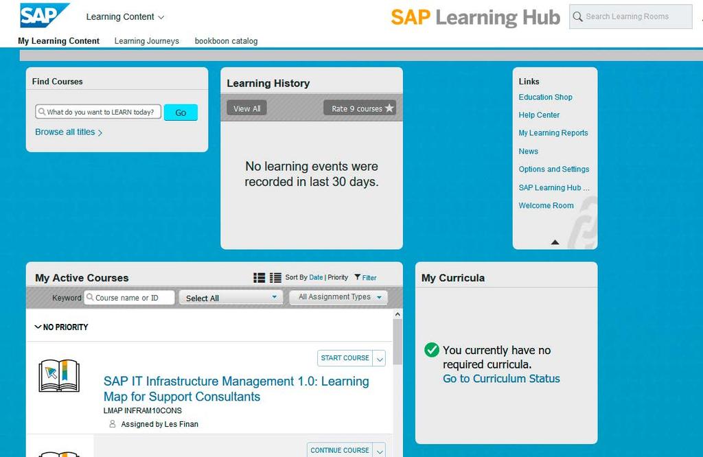 ACCESSING LEARNING CONTENT The Learning Content section of the hub contains thousands of online learning courses and offerings from SAP Education, all available for subscribers to book and consume.