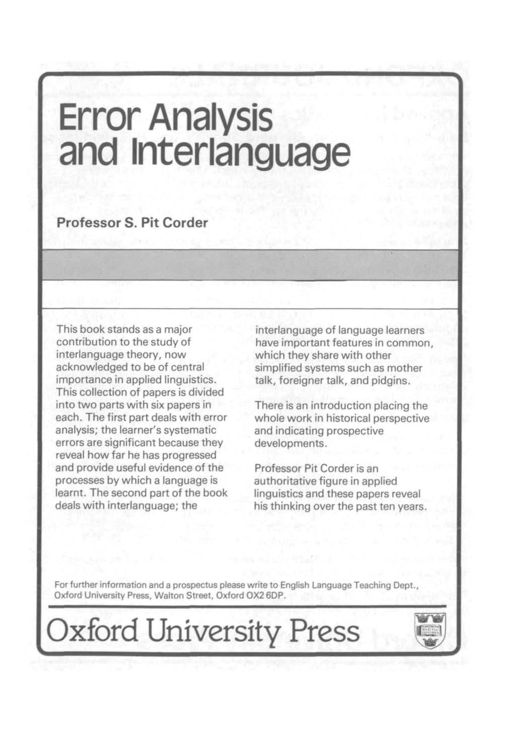 Error Analysis and interlanguage Professor S.