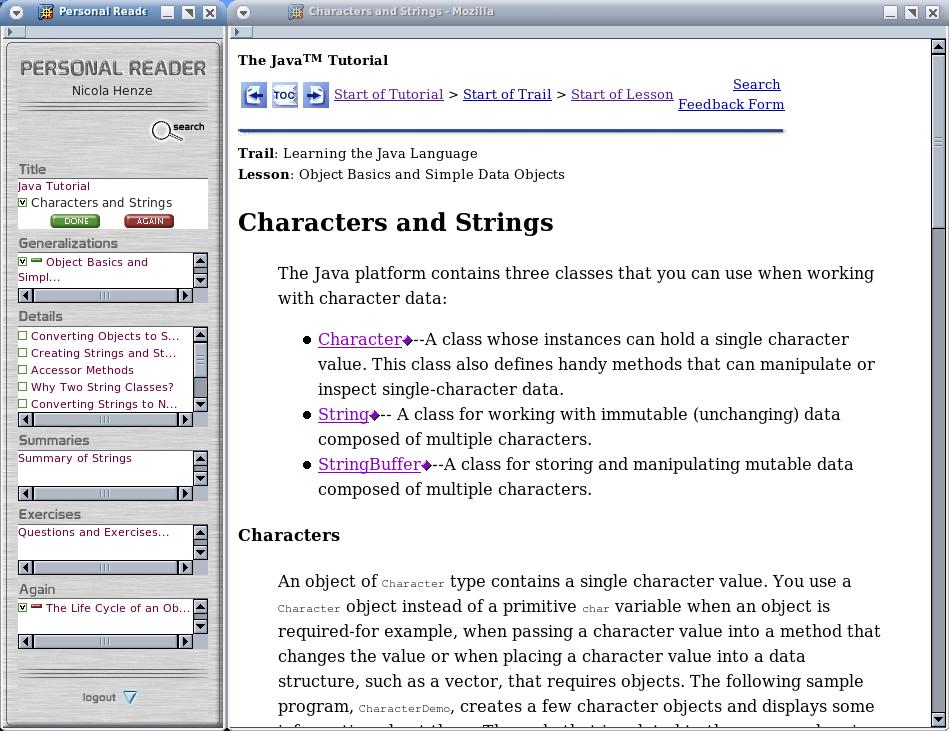 Figure 2. Screenshot of a Personal Reader for a e-learning course on Java Programming. The so far implemented Personal Readers are freely available at www.personal-reader.de. 4.3.