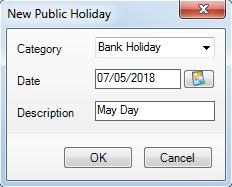 Click on Add holiday and select Bank holiday from the Category drop down list. Enter the date and description.
