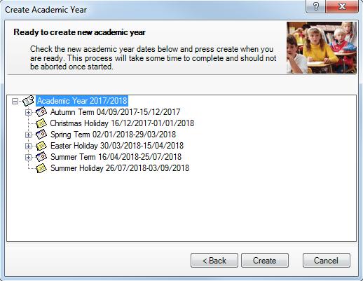 Click on Next to display the Ready to create the new academic year screen. A summary of the data entered is displayed on the Ready to create new academic year screen.
