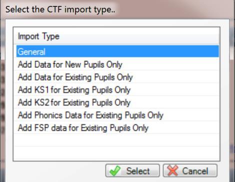 Select Routines Data In CTF Import CTF to display the Select the CTF import type dialog. This dialog varies, depending on your school phase.