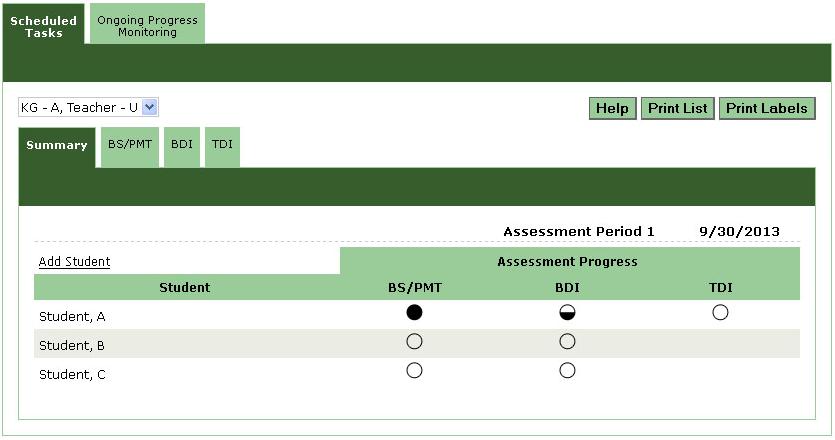 Student Scores - Enter Student Scores There are four statuses, represented by Task Progress Circles, that each student can have for a type of task: No Circle: This task type is not required to be
