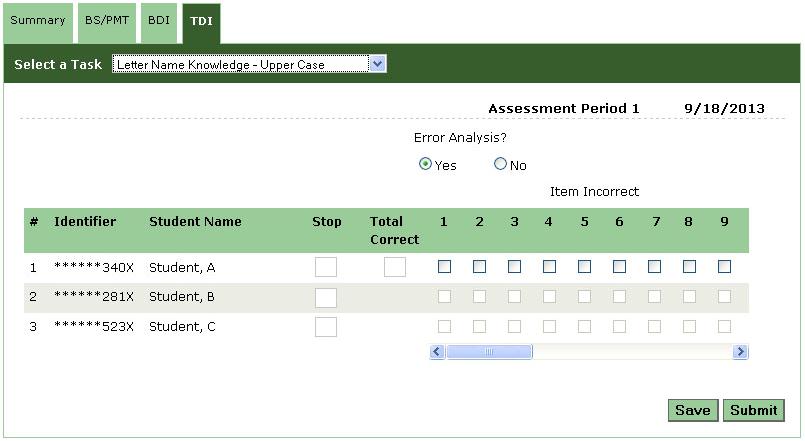 Student Scores - Error Analysis Error Analysis Some tasks have Error Analysis which allows Users to indicate which items the student got correct or incorrect instead of just entering a number.