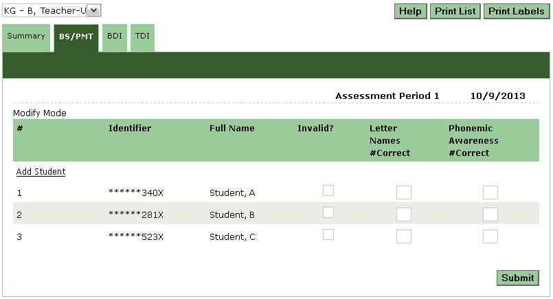 Edit the students scores that are in the boxes on the page. Click Submit.
