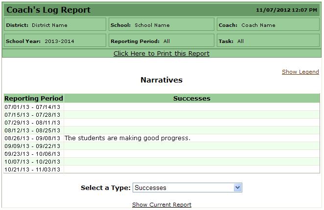 Coach s Log - View Narratives View Narratives Click the Show Narratives link at the bottom of the School Coach s Log Report to see any narratives entered on the Coach s Log Form during the school
