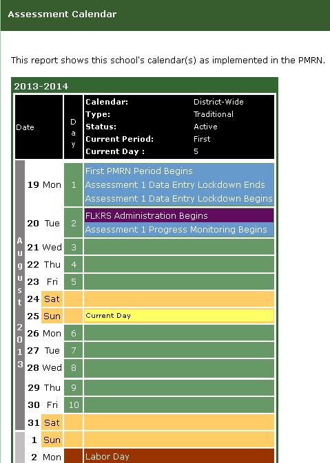FLKRS - Assessment Calendar Assessment Calendar Users at schools serving Kindergarten students will notice, when accessing the PMRN s Assessment Calendar, the purple tag at Instructional Day 2 that
