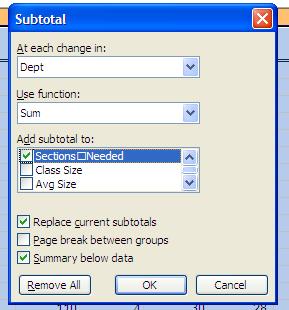 At each change in: Dept Use function: Sum Add subtotal to: only the box for Sections Needed should be checked Check to