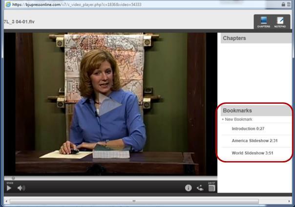 expand to full screen, and adjust volume. The video viewer also has two helpful tools: the Notepad and Bookmarks.