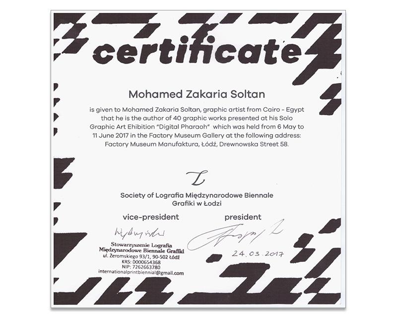 Certificate s No: (6) - Poland - 2017 From: Inter-Art Foundation, Aiud, Romania, 2 Solos at Inter-Art