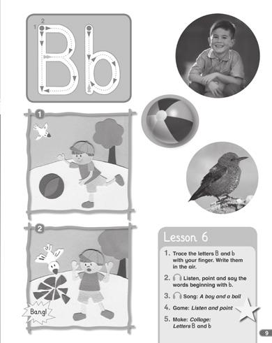 Lesson 6 Pupil s Book session page 9 New words: letter name b; ball, bird Review: letter a: apple, boy; Point to a... Classroom language: Bird begins with b. It says / b/. Write the letters.