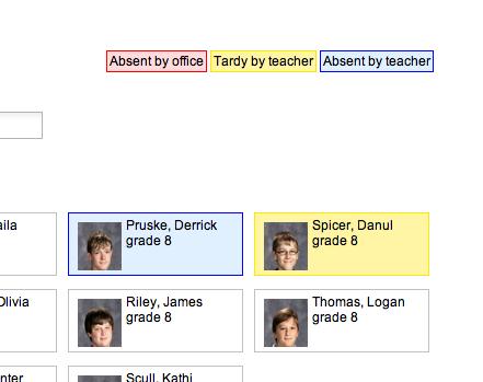 TAKING ATTENDANCE Mark a student absent or tardy by clicking directly on the student picture. Yes, right on the face! One click (pause) and the box will turn blue signaling an absence.