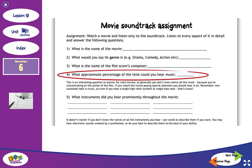 We encourage them to watch a movie with the picture off, so they can just concentrate on the soundtrack. Print out the movie soundtrack assignment handout and give it to the students for homework.