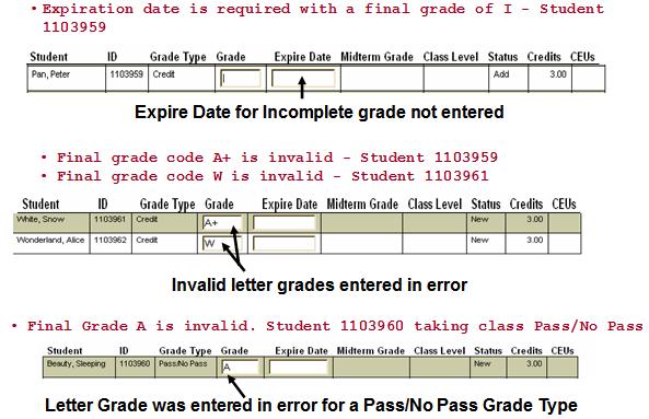 Error Message Samples from Invalid Grades WebAdvisor will not accept submissions containing invalid grades or blank expire dates on I* grades.