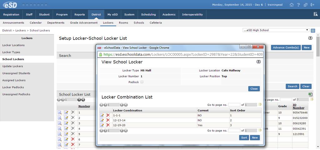 View School Locker (Combination Lock) Click the View icon to open the View School Locker window. Users can Edit or Delete existing Locker Combinations from this screen.