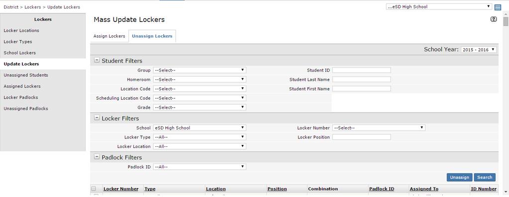 Use the Student/Locker/Padlock Filters to narrow the displayed results.