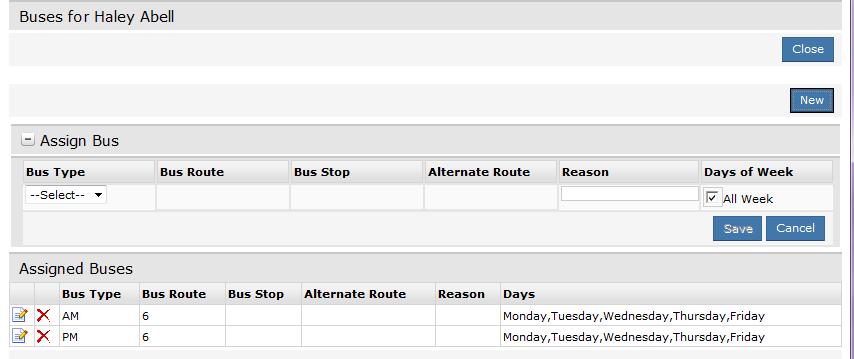 Click New to open the Assign Bus field. Users can select the Bus Type, Bus Route, Bus Stop, an Alternate Route if applicable, and enter any Reason for the alternate route.