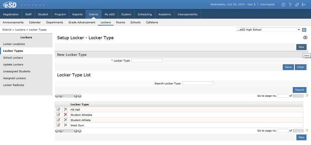 Click New to set up a new Locker Type. Important: Locker Types are created at the Building level in esd.
