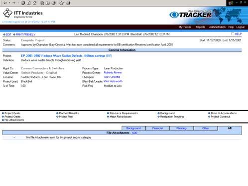 etracker TM & etracker Tools TM overview - 21 File Attachments Champion and Project Leader entry This section enables the storage of key project documentation and is categorized for easier retrieval