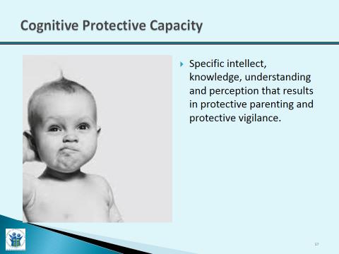 Slide Purpose: Trainer Narrative: Cognitive Protective Capacity 3 Minutes 1. To provide the visual for definition of cognitive protective capacity. 1. Review slide with participants for the definition of cognitive caregiver protective capacities.