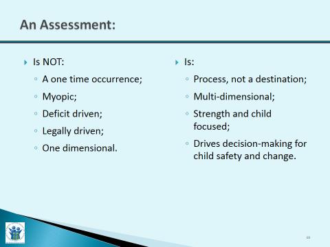 Slide Purpose: Trainer Narrative: An Assessment: Is and Is Not 5 Minutes 1. To provide a visual for focus of an assessment, what is and is not an assessment. 1. Often times in child welfare, the assessment process is viewed as a one-time occurrence with a limited scope of reference.