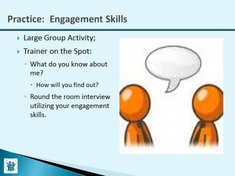 Slide Purpose: Exercise/Activity: Trainer Narrative: Practice: Engagement Skills 30 Minutes 1. This slide is intended to provide a visual for the engagement practice exercise. 1. Set up two chairs in the front of the room, facing each other.