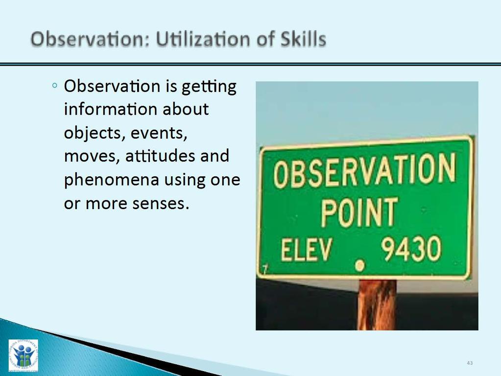 Slide Purpose: Trainer Narrative: Observation: Utilization of Skills 10 Minutes 1. To provide a visual for the skill of observation in assessing caregiver protective capacities. 1. Review slides points with participants.