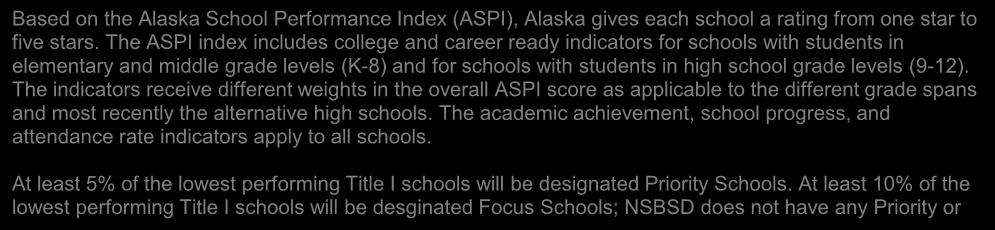 The indicators receive different weights in the overall ASPI score as applicable to the different grade spans and most recently the alternative high schools.