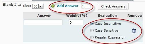 b. Tips: Keep in mind, a blank and a text box had to be added to create the sample FIB question, and the weights had to be set at 50% per question so that the total for two correct answers was 100%.