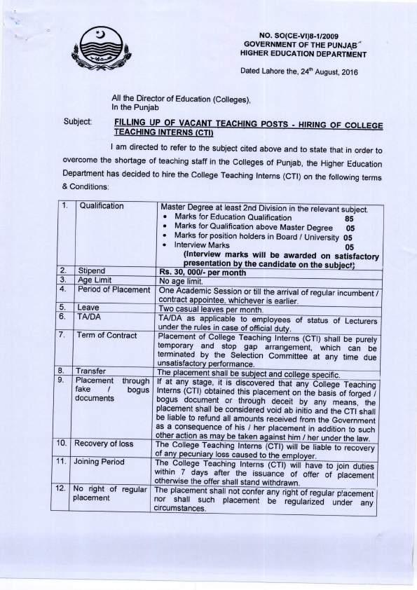 NO. SO(CE-VI)8-1/2009 GOVERNMENT OF THE PUNJAB^ HIGHER EDUCATION DEPARTMENT Dated Lahore the, 24th August, 2016 Subject: I am directed to refer to the subject cited and to state that in order to