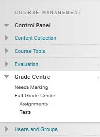 4 If you would like to see an overview of grades across a whole class, you can access the Grade Centre area under the Course Tools heading in the Control Panel.