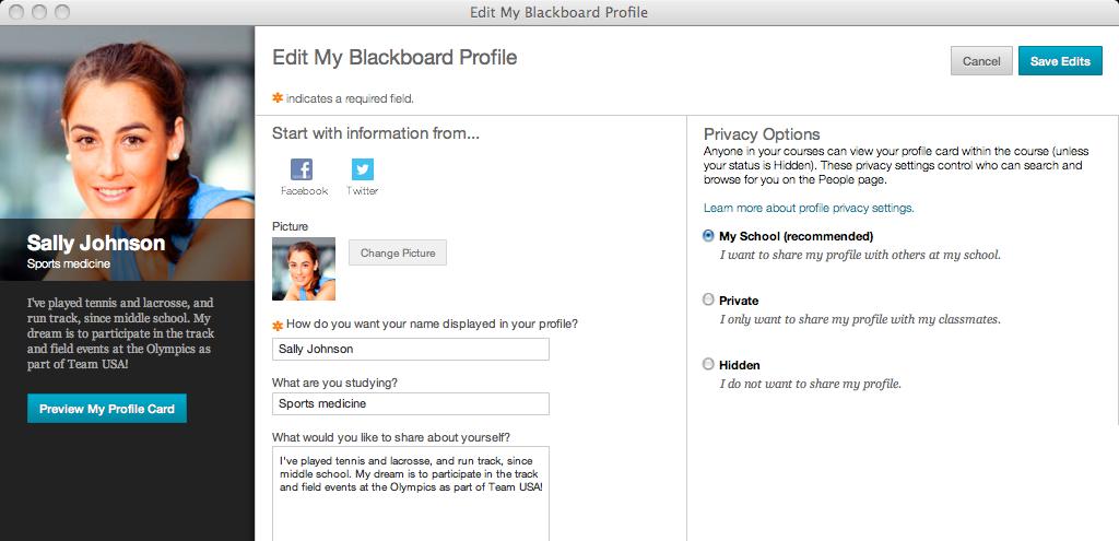 My Blackboard: Profile & Profile Card New Feature for All Users You now have an identity in Blackboard Learn, a profile, so you can share academic information about yourself with others at your
