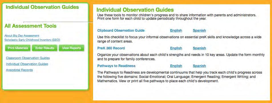 Individual Observation Guides Individual Observation Guides are informal assessment tools which may be printed out and used to record classroom observations of individual children.