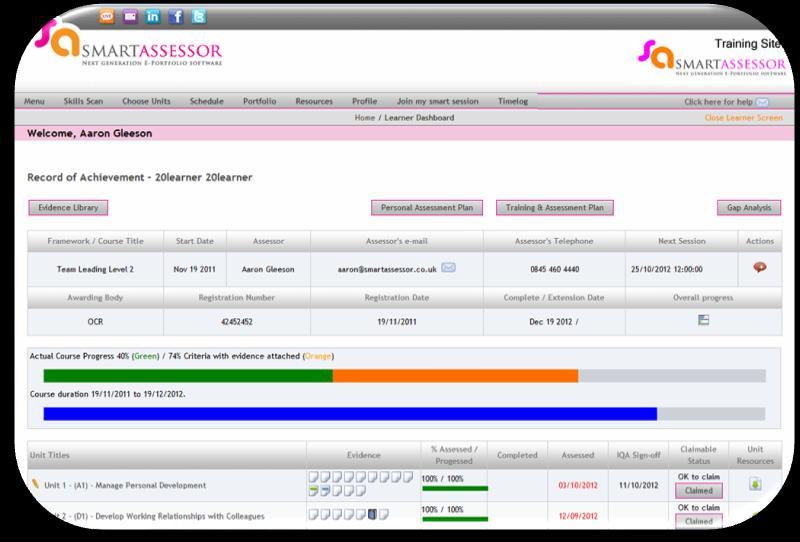 This screen will give you a more detailed view of an individual learner, it will show you: The Course that the Learner is doing, who the assessors are, their contact details, the date started, the