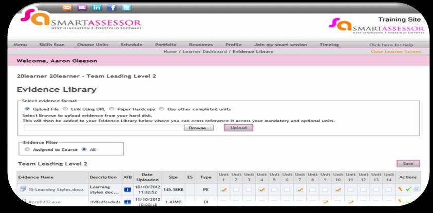 You will then see the Learner s dashboard for the specific course that you have selected. From the learner dashboard select the EVIDENCE LIBRARY button.