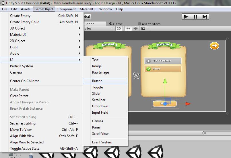 Butang navigasi dicipta dengan menggunakan objek yang telah diimport dari Adobe Illustrator CS6 ke dalam Unity.
