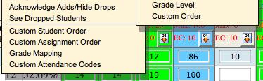 Click on Student Order to change whether your students are listed by Student Name, Student ID, Grade Total, Grade Level, or a Custom Order, which is set