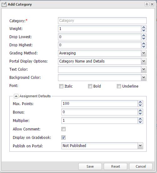 Categories Section Click Add Category to add a Category to the Categories list using the simplified interface. Enter the category Name and Weight, and select the Grading method.