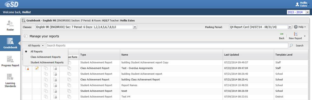 Click the Report button to open the Manage your reports screen. Class and Student Achievement Reports are NOT tied to a specific class.