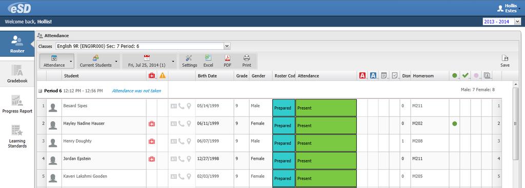 Accessing Teacher Connect Gradebook From the Staff Schedule Views screen, click the Teacher Connect icon Interface for the selected class.