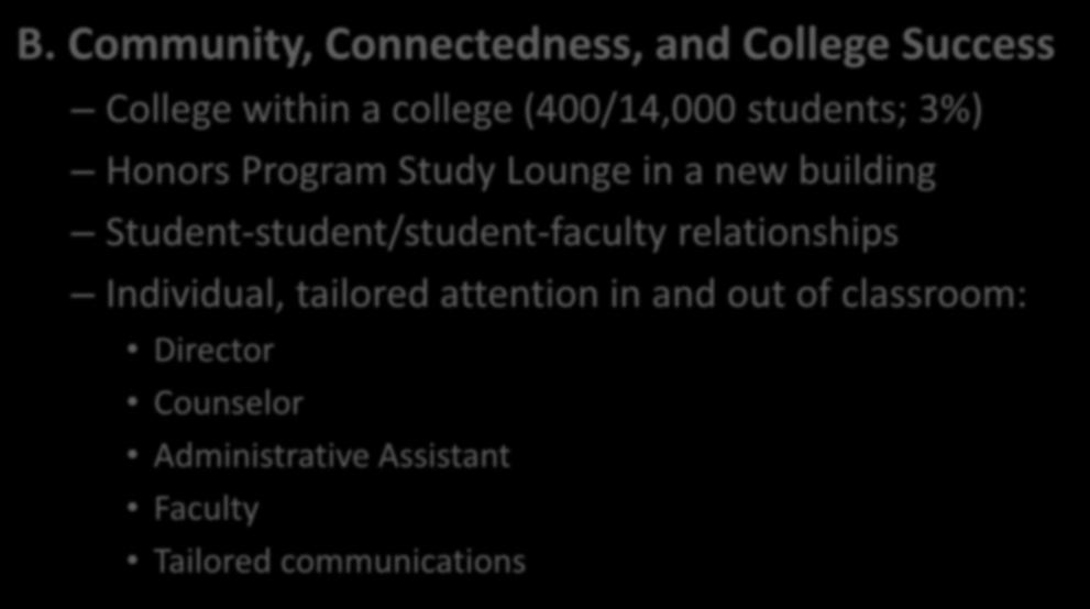 B. Community, Connectedness, and College Success College within a college (400/14,000 students; 3%) Honors Program Study Lounge in a new building