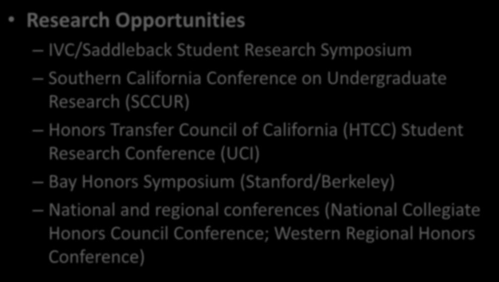Research Opportunities IVC/Saddleback Student Research Symposium Southern California Conference on Undergraduate Research (SCCUR) Honors Transfer Council of California (HTCC) Student
