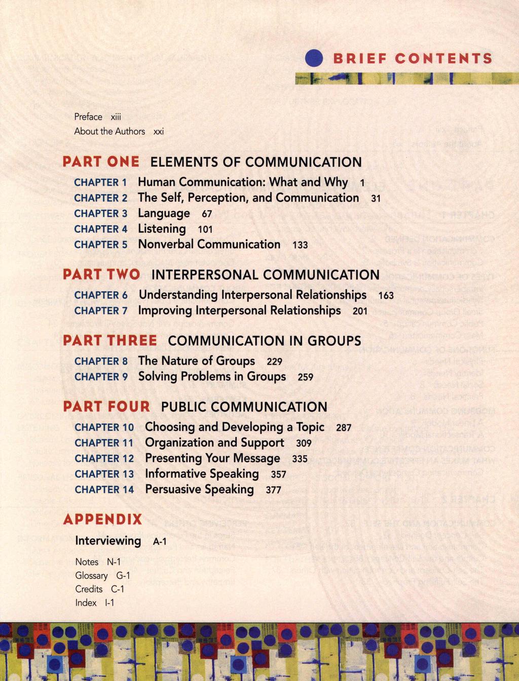 e BRIEF CONTENTS Preface xiii About the Authors xxi PART ONE ELEMENTS OF COMMUNICATION CHAPTER 1 Human Communication: What and Why 1 CHAPTER 2 The Self, Perception, and Communication 31 CHAPTER 3