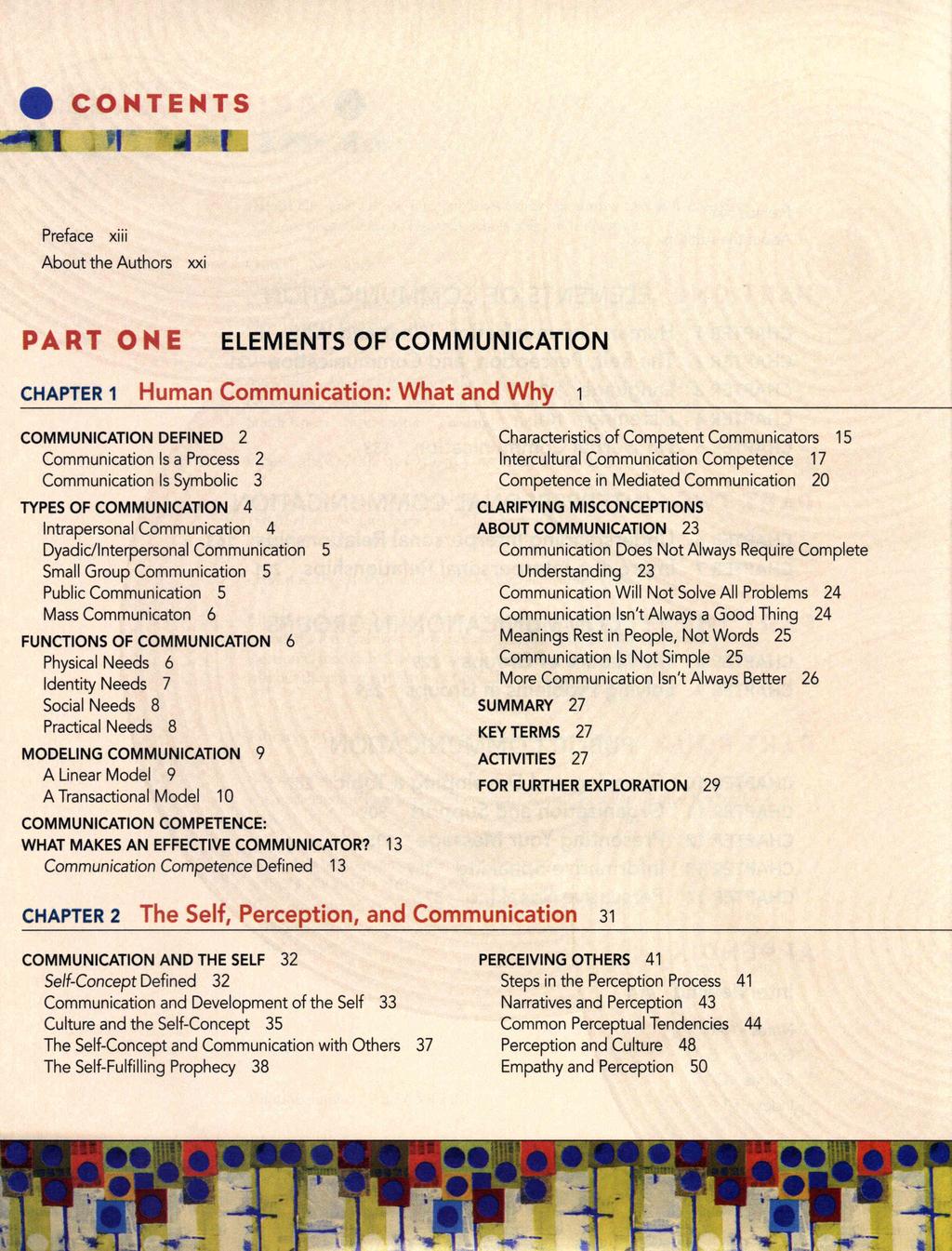 e CONTENTS Preface XIII About the Authors xxi PART ONE ELEMENTS OF COMMUNICATION CHAPTER 1 Human Communication: What and Why COMMUNICATION DEFINED 2 Communication Is a Process 2 Communication Is